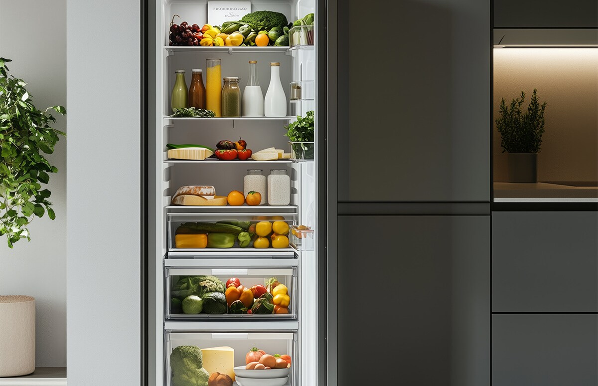 Nevera abierta con comida en su interior