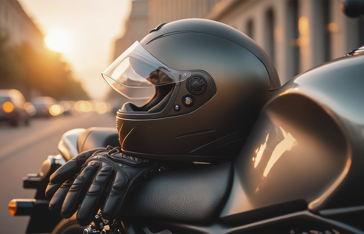 Casco integral de motocicleta apoyado sobre el depósito junto a unos guantes, con tráfico urbano desenfocado y luz cálida del atardecer al fondo
