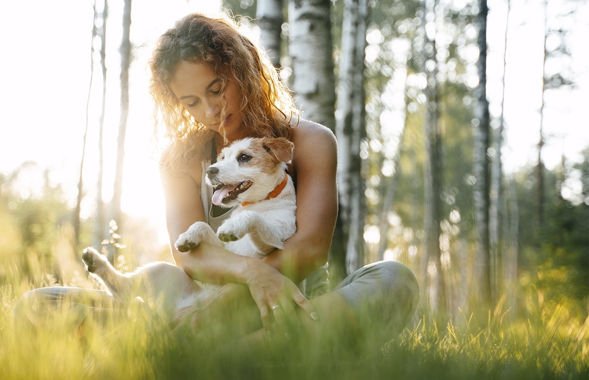 Persona sentada en el suelo de un bosque sosteniendo a un perro pequeño, con árboles y hierba iluminados por luz natural al fondo