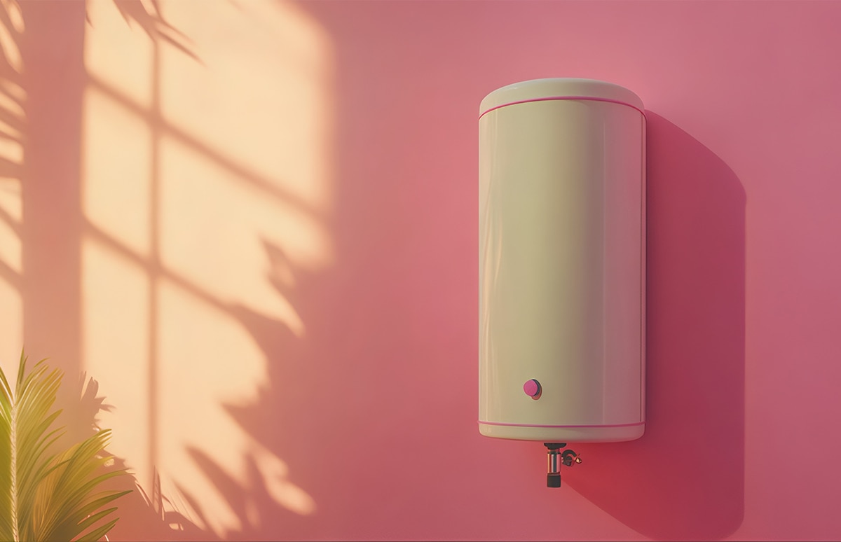 Termo eléctrico colgado en una pared de color rosa