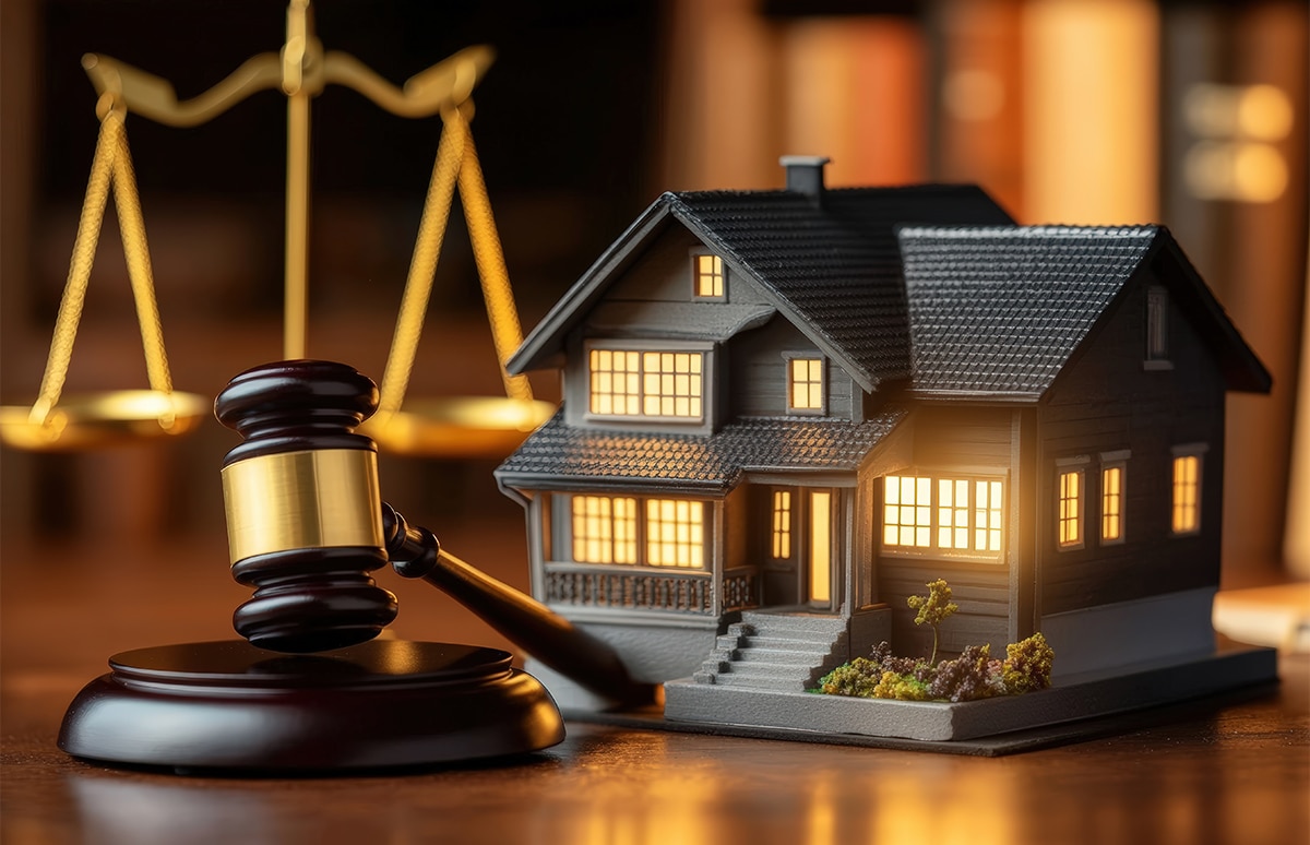Maqueta de una vivienda junto a un mazo de juez y una balanza