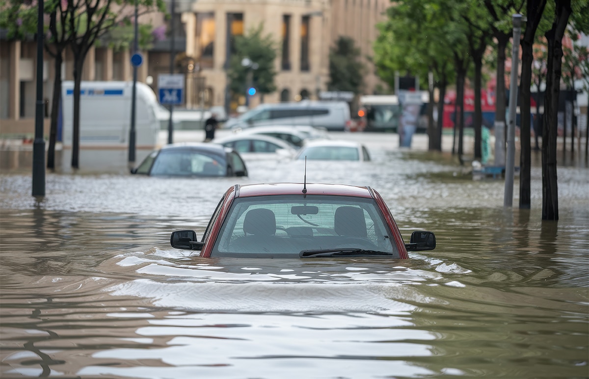 Coche cubierto por el agua en una inundación
