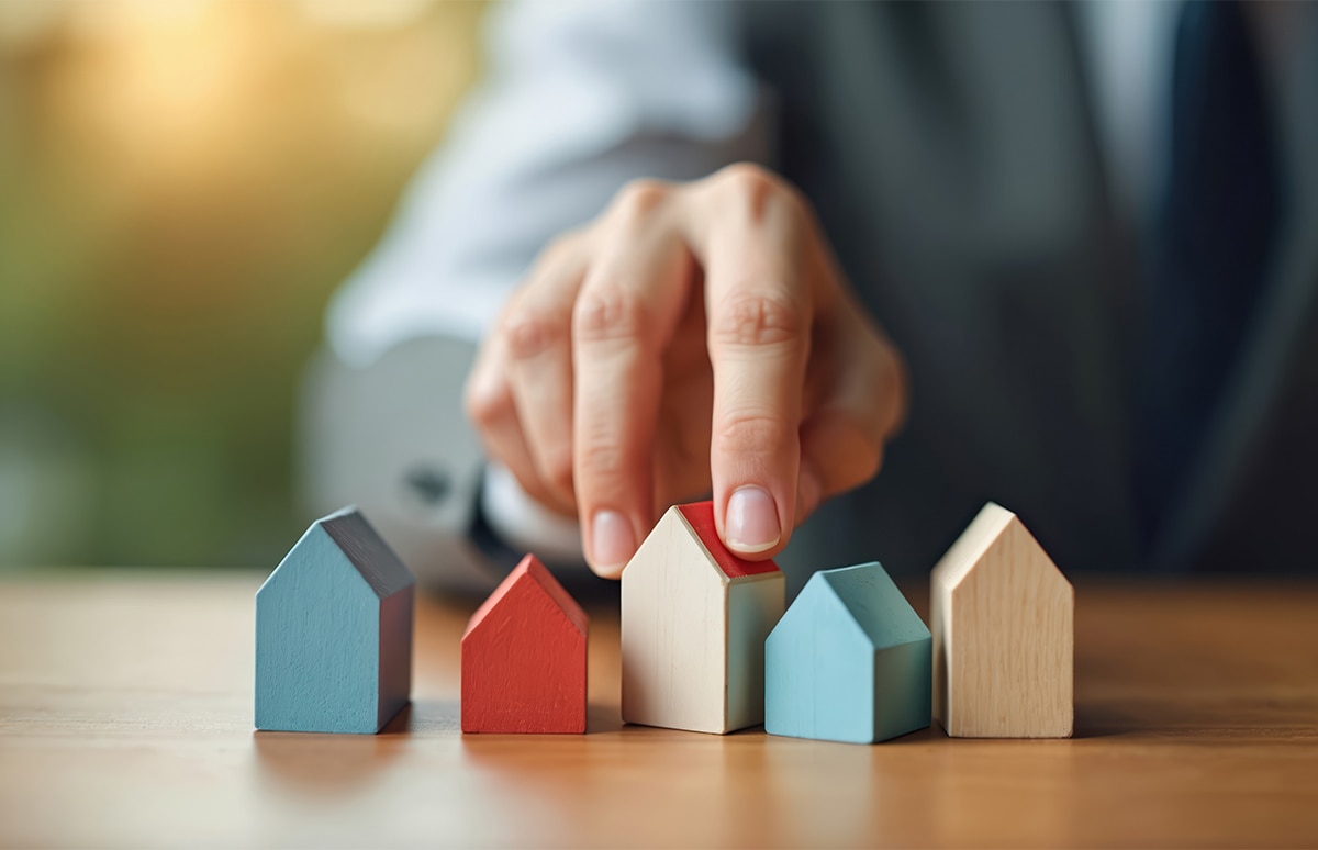 Mano seleccionando entre varias figuras de casas de madera colocadas en fila sobre una mesa