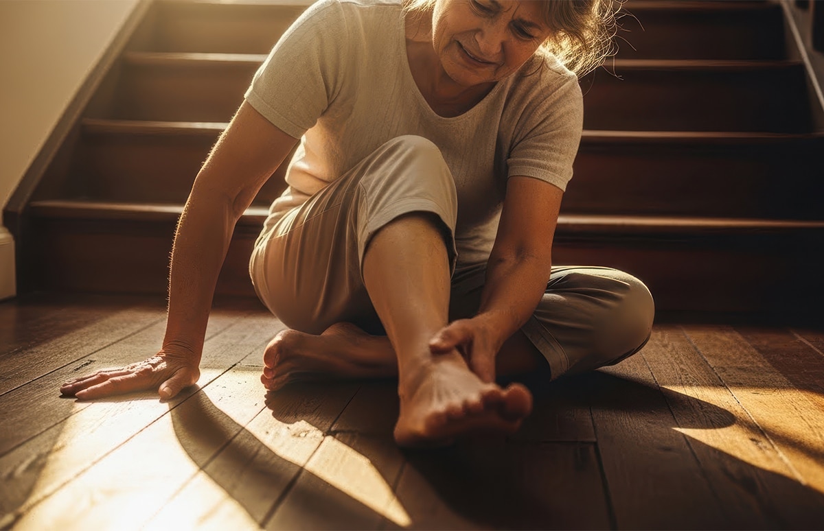 Persona sentada en el suelo junto a unas escaleras, sujetándose el pie como consecuencia de una posible caída