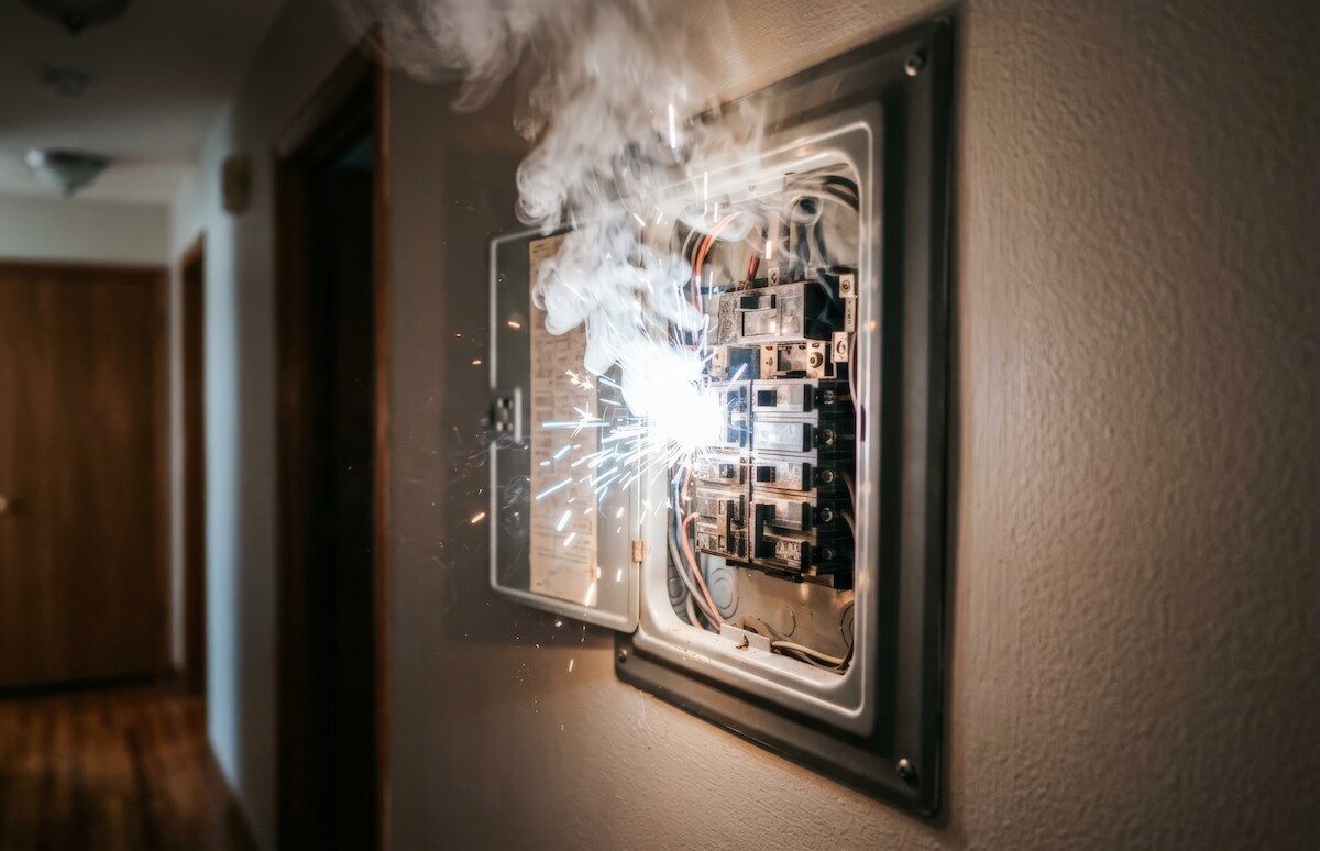 Cuadro eléctrico doméstico con chispas y emisión de humo provocadas por un fallo eléctrico, una situación de riesgo que puede derivar en daños materiales y estar cubierta por determinadas garantías del seguro de hogar