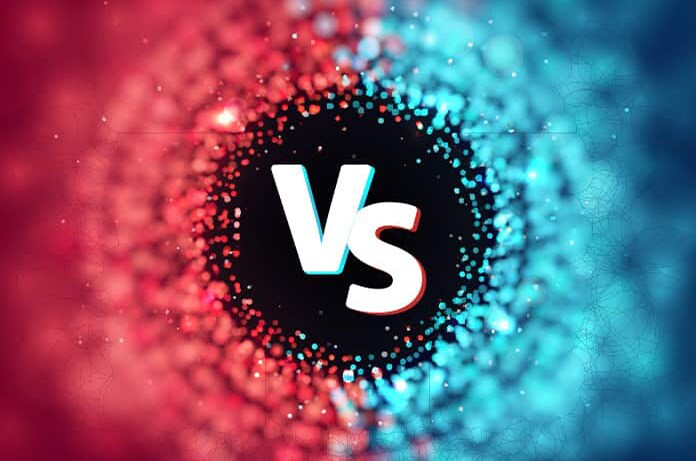 Composición abstracta en tonos rojo y azul con un “VS” en el centro, representando una comparación entre dos opciones