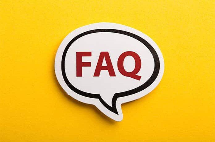 Bocadillo de diálogo con la palabra “FAQ” en letras rojas sobre un fondo amarillo brillante