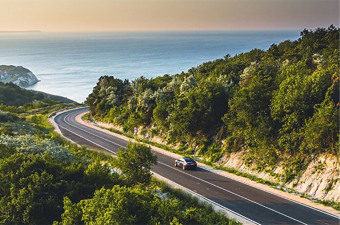 Carretera costera serpenteante rodeada de vegetación, con un vehículo circulando junto al mar bajo luz natural