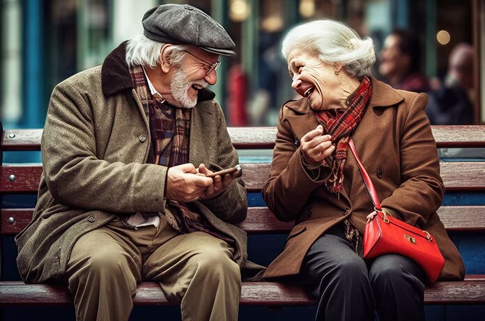 Dos personas mayores sentadas en un banco conversando mientras una de ellas revisa un teléfono móvil