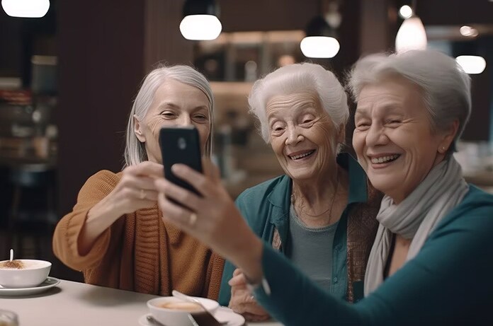 Grupo de personas mayores disfrutando juntas y tomando una foto en un café acogedor