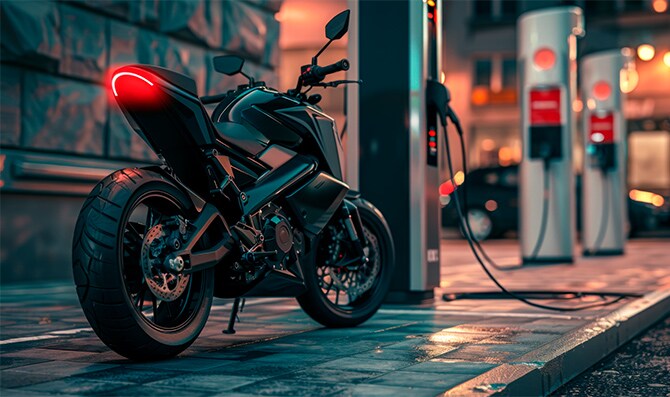 Motocicleta eléctrica conectada a una estación de carga en una calle al anochecer